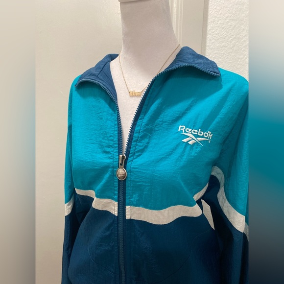 VTG Rare Retro 90s Reebok Teal & Navy Blue Color Block Windbreaker Jacket - L - Picture 5 of 16